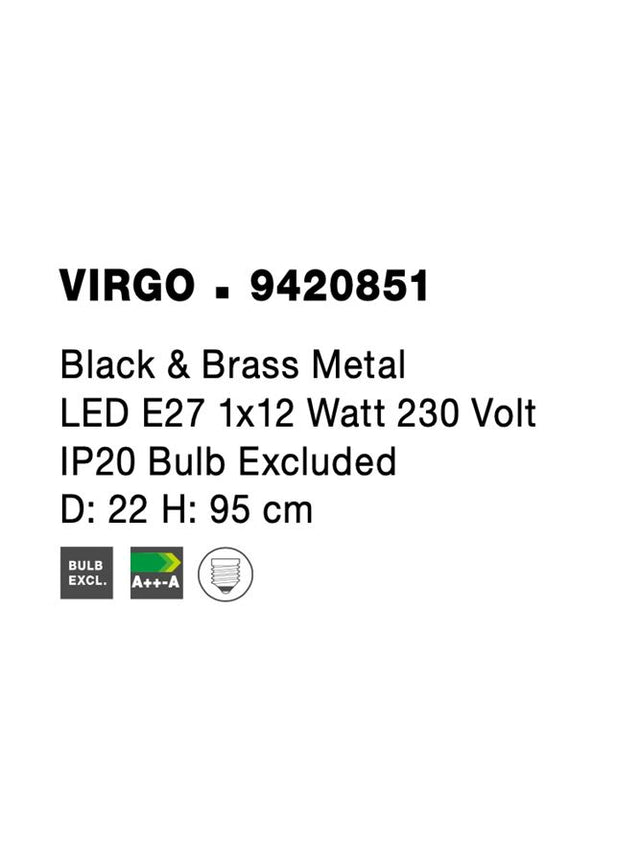 VIRGO Black & Brass Metal LED E27 1x12 Watt 230 Volt IP20 Bulb Excluded D: 22 H: 95 cm