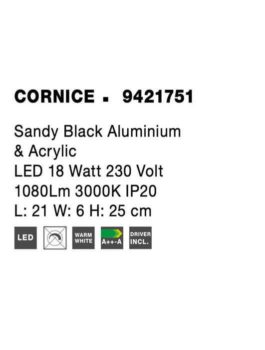 CORNICE Sandy Black Aluminium & Acrylic LED 18 Watt 230 Volt 1080Lm 3000K IP20 L: 21 W: 6 H: 25 cm