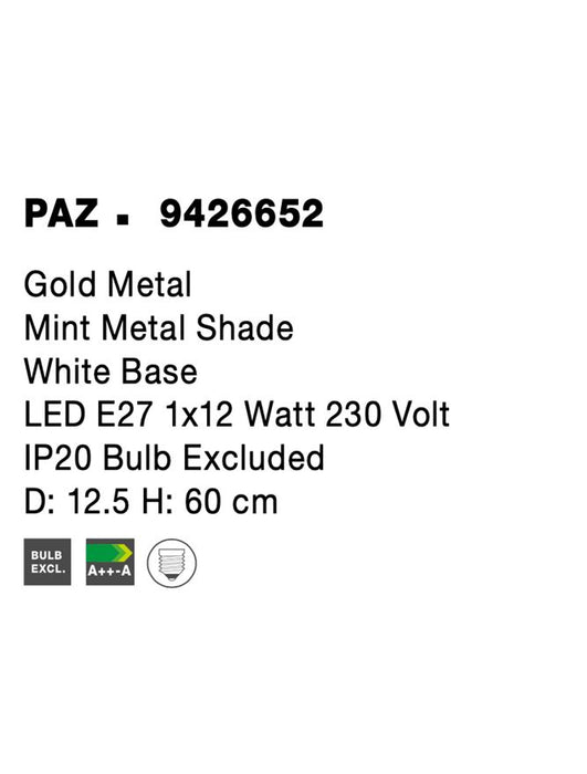 PAZ Gold Metal Mint Metal Shade White Base LED E27 1x12 Watt 230 Volt IP20 Bulb Excluded D: 12.5 H: 60 cm