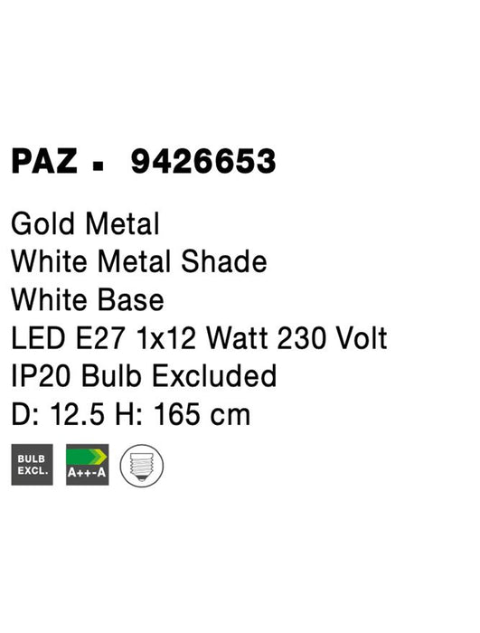 PAZ Gold Metal White Metal Shade White Base LED E27 1x12 Watt 230 Volt IP20 Bulb Excluded D: 12.5 H: 165 cm