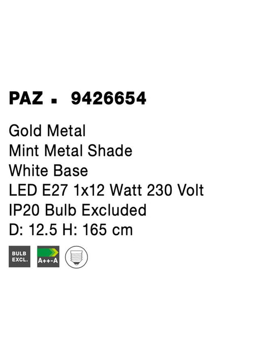 PAZ Gold Metal Mint Metal Shade White Base LED E27 1x12 Watt 230 Volt IP20 Bulb Excluded D: 12.5 H: 165 cm