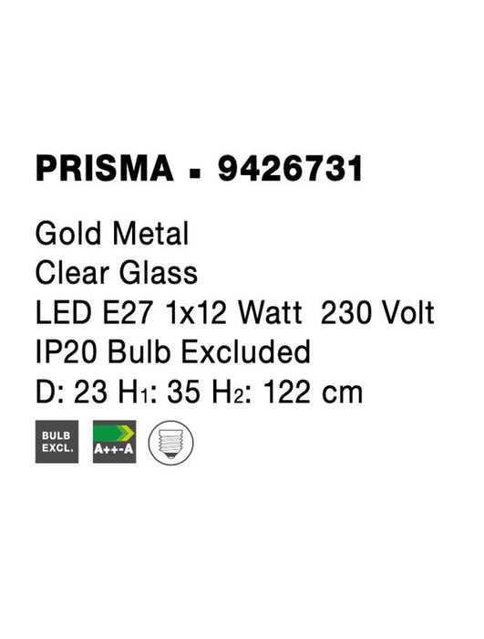 PRISMA Gold Metal Clear Glass LED E27 1x12 Watt 230 Volt IP20 Bulb Excluded D: 23 H1: 35 H2: 122 cm