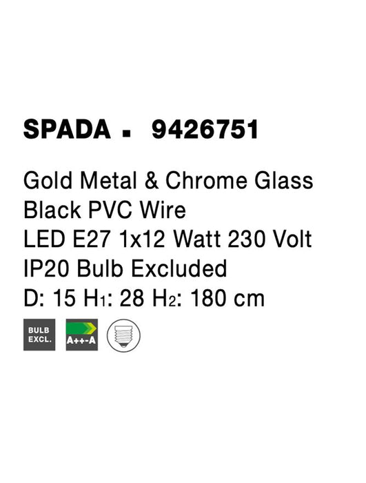 SPADA Gold Metal & Chrome Glass Black PVC Wire LED E27 1x12 Watt 230 Volt IP20 Bulb Excluded D: 15 H1: 28 H2: 180 cm