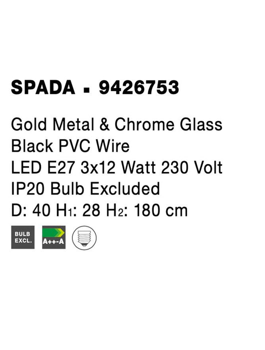 SPADA Gold Metal & Chrome Glass Black PVC Wire LED E27 3x12 Watt 230 Volt IP20 Bulb Excluded D: 40 H1: 28 H2: 180 cm