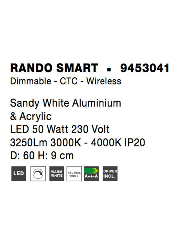 RANDO SMART Sandy White Aluminium & Acrylic LED 50 Watt 230 Volt 3250Lm 3000K - 4000K IP20 D: 60 H: 9 cm