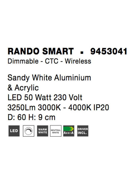 RANDO SMART Sandy White Aluminium & Acrylic LED 50 Watt 230 Volt 3250Lm 3000K - 4000K IP20 D: 60 H: 9 cm