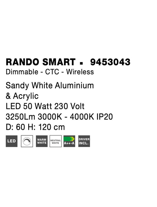 RANDO SMART Sandy White Aluminium & Acrylic LED 50 Watt 230 Volt 3250Lm 3000K - 4000K IP20 D: 60 H: 120 cm