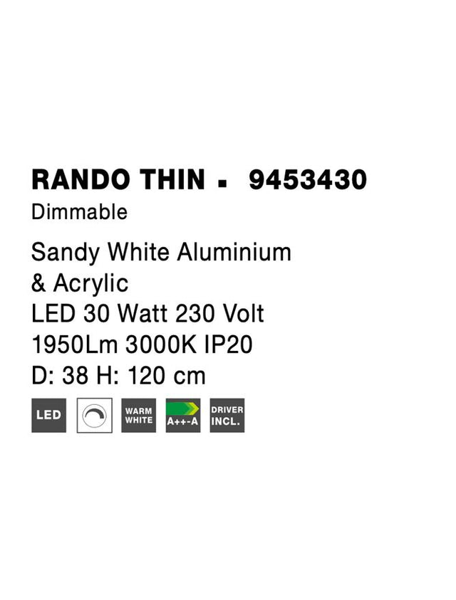 RANDO THIN Sandy White Aluminium & Acrylic LED 30 Watt 230 Volt 1950Lm 3000K IP20 D: 38 H: 120 cm