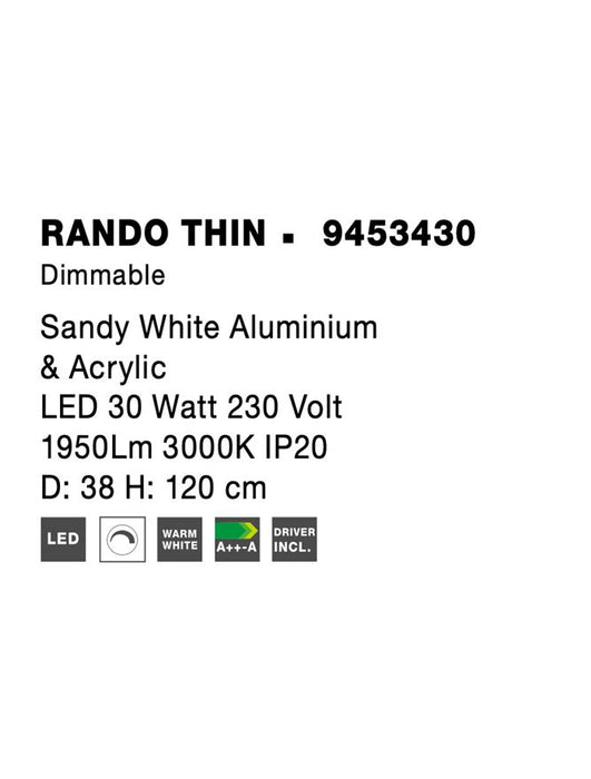 RANDO THIN Sandy White Aluminium & Acrylic LED 30 Watt 230 Volt 1950Lm 3000K IP20 D: 38 H: 120 cm