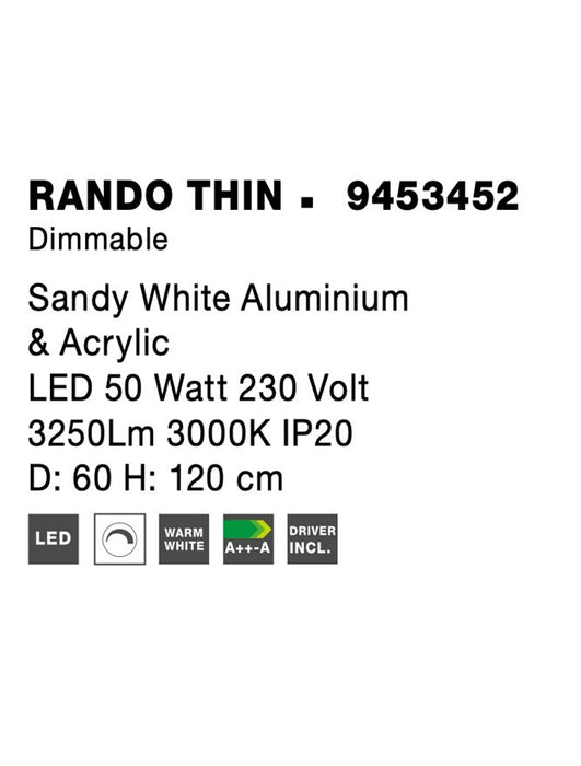 RANDO THIN Sandy White Aluminium & Acrylic LED 50 Watt 230 Volt 3250Lm 3000K IP20 D: 60 H: 120 cm
