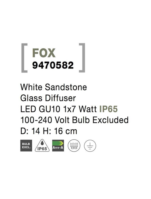 FOX White Sandstone Glass Diffuser LED GU10 1x7 Watt IP65 100-240 Volt Bulb Excluded
D: 14 H: 16 cm