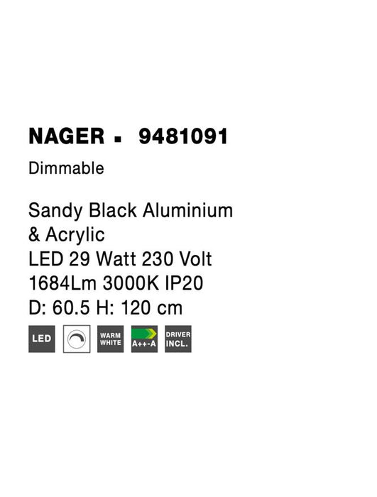 NAGER Dimmable Sandy Black Aluminium & Acrylic LED 29 Watt 230 Volt 1684Lm 3000K IP20 D: 60 H: 120 cm