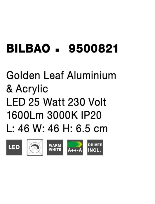 BILBAO Golden Leaf Aluminium & Acrylic LED 25 Watt 230 Volt 1600Lm 3000K IP20 L: 46 W: 46 H: 6.5 cm
