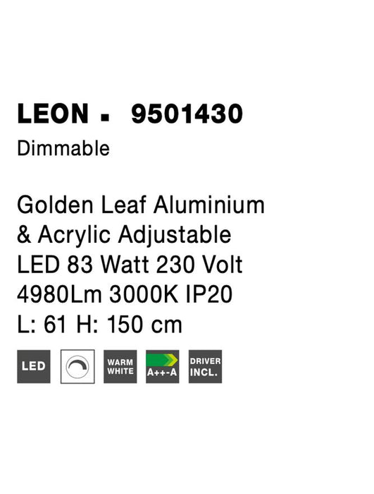 LEON Golden Leaf Aluminium & Acrylic Adjustable LED 83 Watt 230 Volt 4980Lm 3000K IP20 L: 61 H: 150 cm