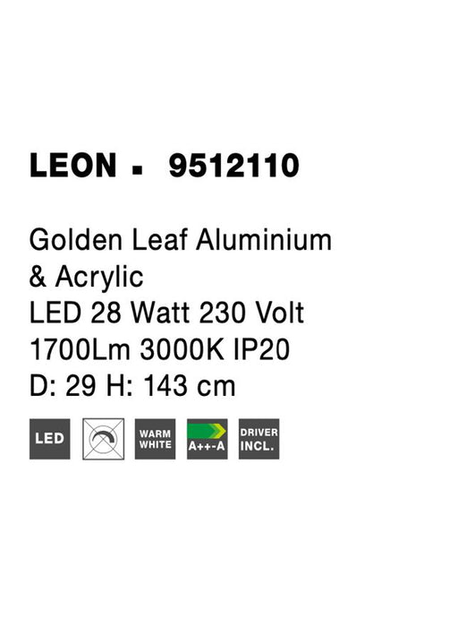 LEON Golden Leaf Aluminium & Acrylic LED 28 Watt 230 Volt 1700Lm 3000K IP20 D: 29 H: 143 cm
