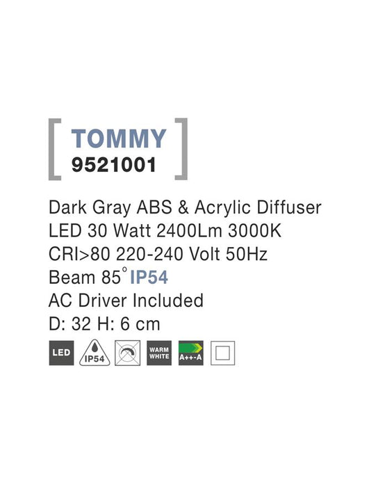 TOMMY Dark Gray ABS & Acrylic Diffuser LED 30 Watt 2400Lm 3000K D: 32 H: 6 cm IP54