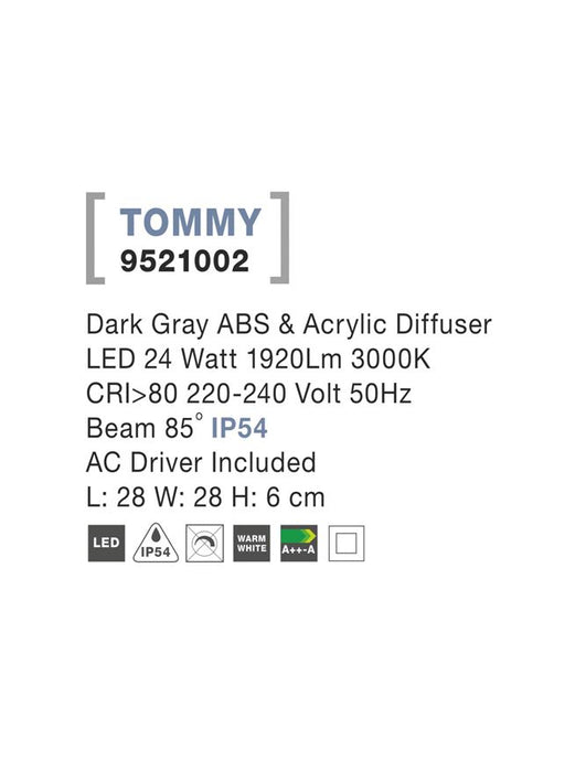 TOMMY Dark Gray ABS & Acrylic Diffuser LED 24 Watt 1920Lm 3000K L: 28 W: 28 H: 6 cm IP54