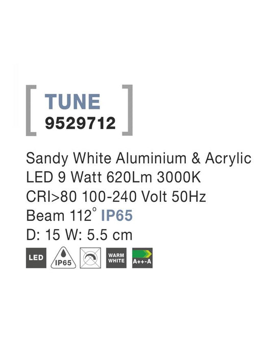 TUNE Sandy White Alum. & Acrylic LED 9 Watt 620Lm 3000K D: 15 W: 5.5 cm IP65