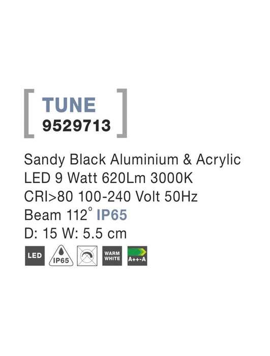 TUNE Sandy Black Aluminium & Acrylic LED 9 Watt 620Lm 3000K D: 15 W: 5.5 cm IP65