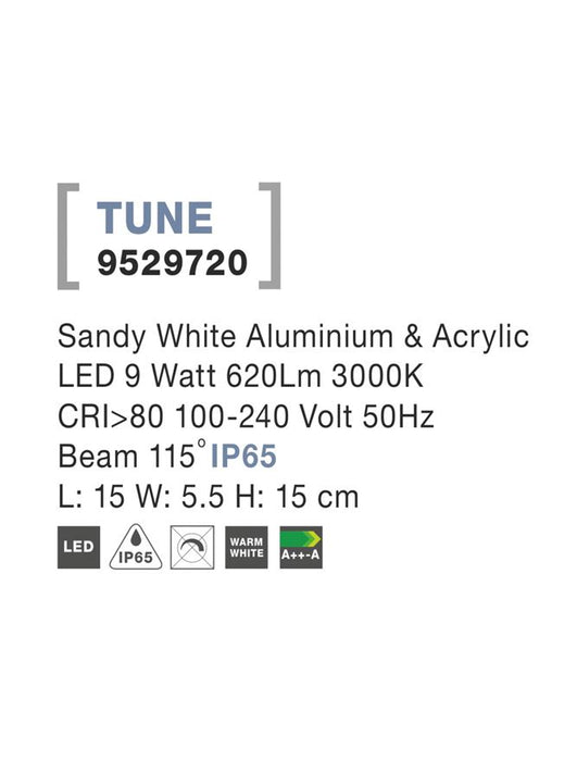 TUNE Sandy White Alum. & Acrylic LED 9 Watt 620Lm 3000K L: 15 W: 5.5 H: 15 cm IP65