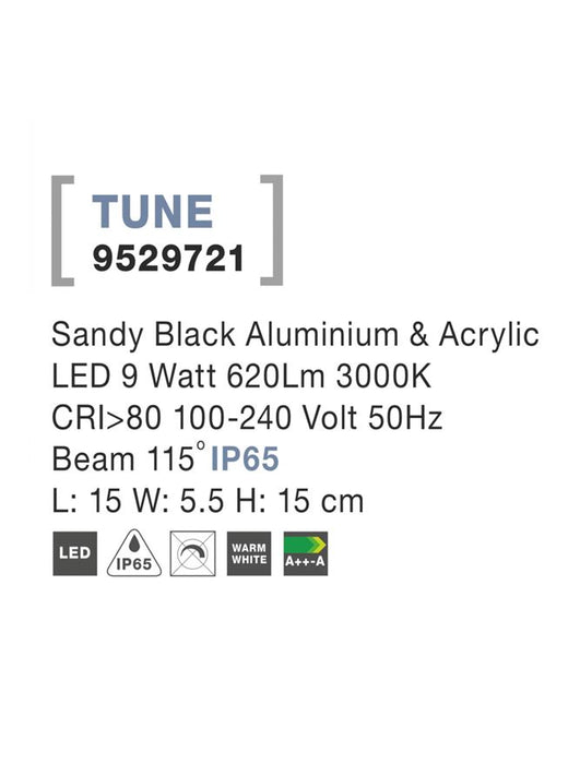 TUNE Sandy Black Aluminium & Acrylic LED 9 Watt 620Lm 3000K L: 15 W: 5.5 H: 15 cm IP65