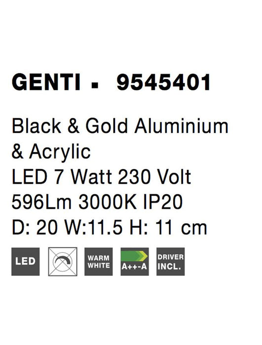 GENTI Black & G old Aluminium & Acrylic LED 1x7 Watt 230 Volt 596Lm 3000K IP20 D: 20 W:11.5 H: 11 cm