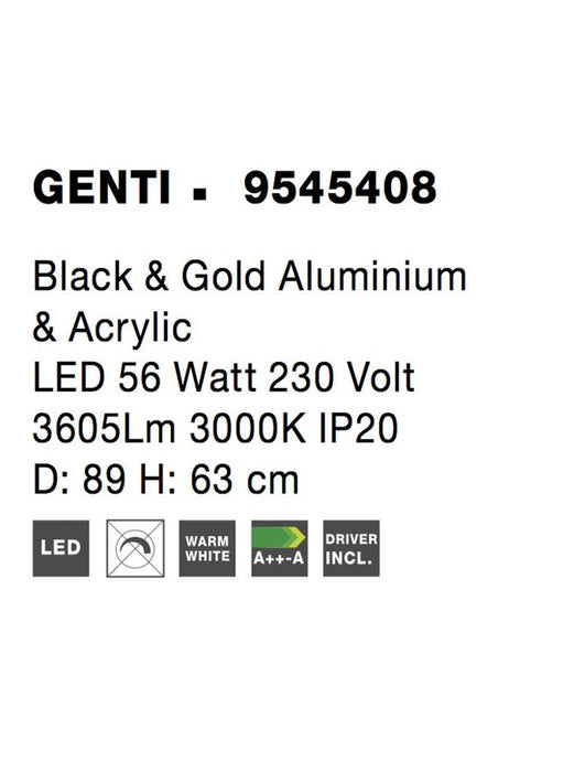 GENTI Black & G old Aluminium & Acrylic LED 56 Watt 230 Volt 3605Lm 3000K IP20 D: 89 H: 63 cm