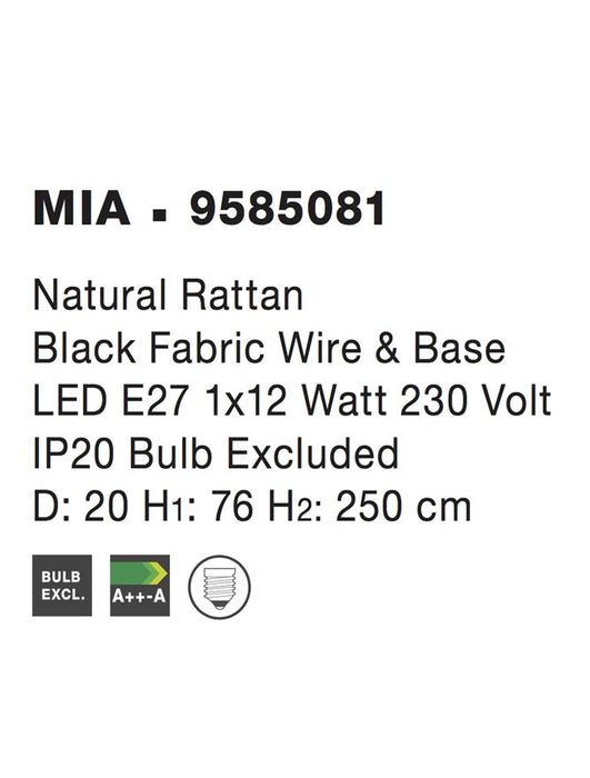 MIA Pendant light, Iron & Rattan, Natural colour, D:20*76*250