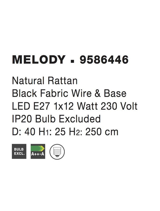 MELODY Natural Ratan Black Fabric Wire & Base LED E27 1x12W IP20 Bulb Excluded D: 40 H1: 25 H2: 250 cm