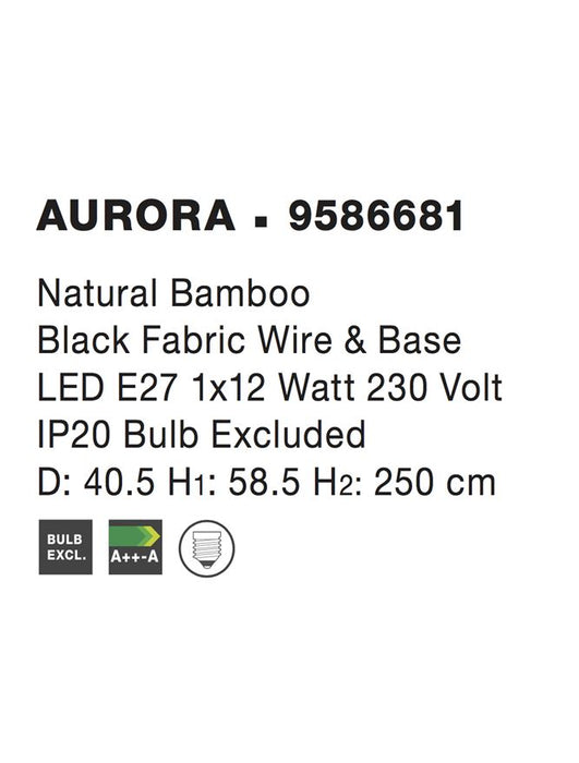 AURORA Natural Bamboo Black Fabric Wire & Base LED E27 1x12W Bulb Excluded D: 40.5 H1: 58.5 H2: 250 cm