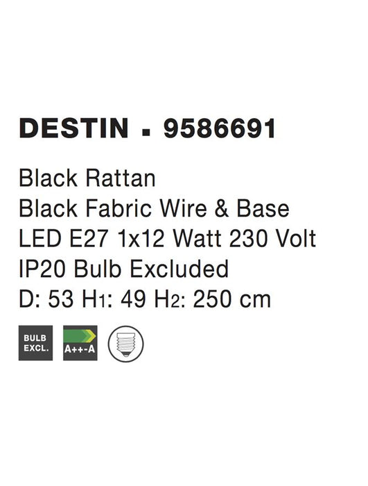 DESTIN Pendant light, Iron & Rattan, Black colour, D:53*49*250