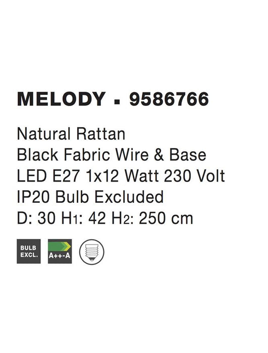 MELODY Natural Ratan Black Fabric Wire & Base LED E27 1x12W IP20 Bulb Excluded D: 30 H1: 42 H2: 250 cm