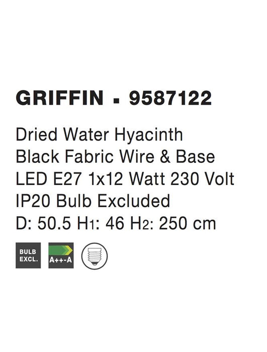 GRIFFIN Pendant light, Iron &Water Hyacinth, Natural colour, D:50.546*250
