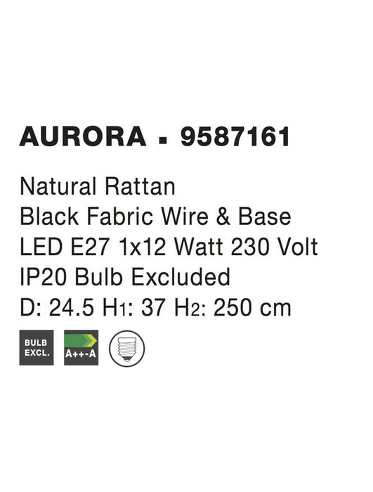 AURORA Natural Ratan Black Fabric Wire & Base LED E27 1x12W IP20 Bulb Excluded D: 24.5 H1: 37 H2: 250 cm