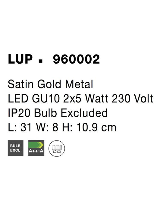LUP Satin Gold Metal LED GU10 2x5 Watt 230 Volt IP20 Bulb Excluded L: 31 W: 8 H: 10.9 cm