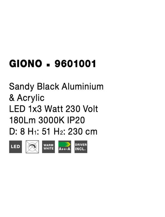 GIONO Sandy Black Aluminium & Acrylic LED 3 Watt 230 Volt 160Lm 3000K IP20 D: 8 H1: 51 H2: 180 cm Adjustable Height