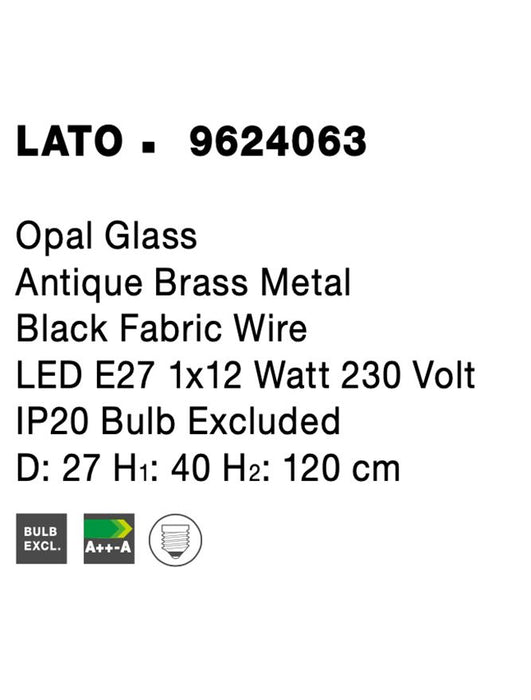 LATO Opal Glass Antique Brass Metal Black Fabric Wire LED E27 1x12 Watt 230 Volt IP20 Bulb Excluded D: 27 H1: 40 H2: 120 cm