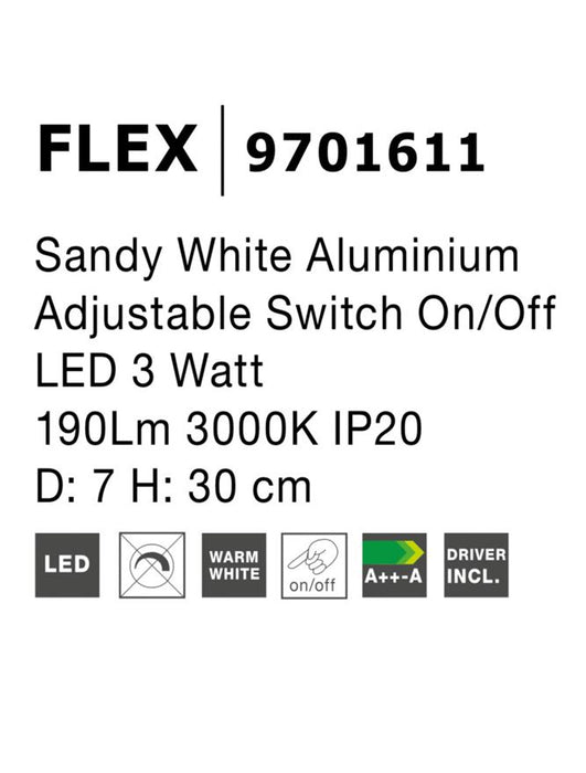FLEX Sandy White Aluminium Adjustable Switch On/Off LED 3 Watt 190Lm 3000K IP20 D: 7 H: 30 cm
