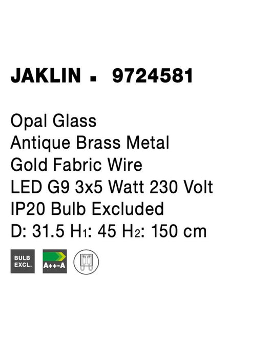 JAKLIN Opal Glass Antique Brass Metal Gold Fabric Wire LED G9 3x5 Watt 230 Volt IP20 Bulb Excluded D: 31.5 H1: 45 H2: 150 cm