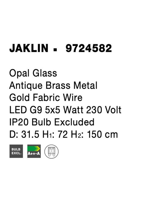 JAKLIN Opal Glass Antique Brass Metal Gold Fabric Wire LED G9 5x5 Watt 230 Volt IP20 Bulb Excluded D: 31.5 H1: 72 H2: 150 cm