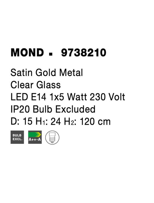 MOND Satin Gold Metal Clear Glass LED E14 1x5 Watt 230 Volt IP20 Bulb Excluded D: 15 H: 120 cm