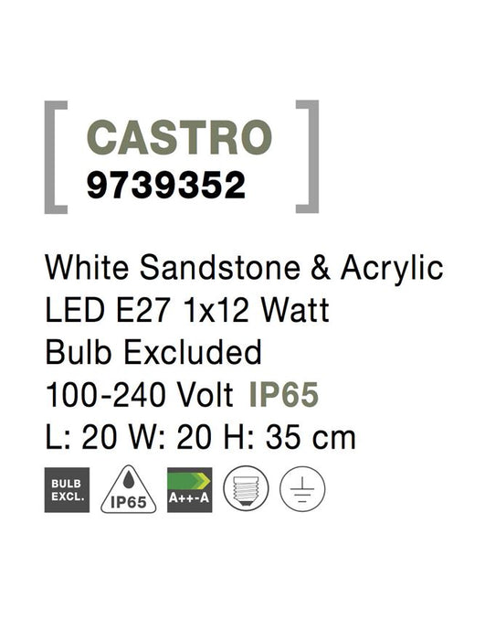 CASTRO White Sandstone & Acrylic LED E27 1x12 Watt Bulb Excluded 100-240 Volt IP65
L: 20 W: 20 H: 35 cm