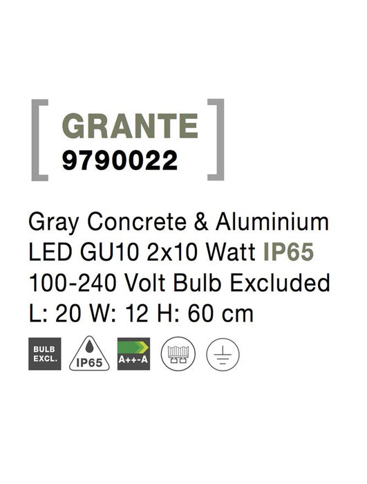 GRANTE Gray Concrete & Aluminium LED GU10 2x10 Watt IP65 100-240 Volt Bulb Excluded
L: 20 W: 12 H: 60 cm