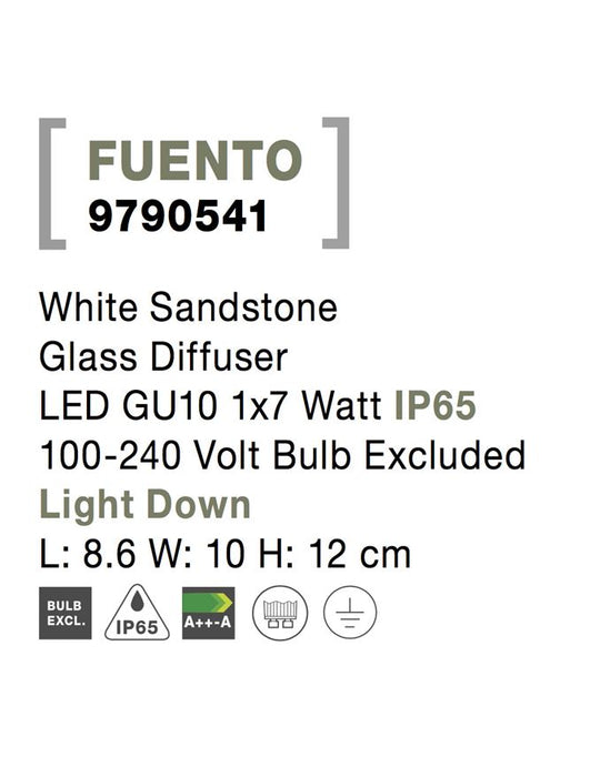 FUENTO White Sandstone Glass Diffuser LED GU10 1x7 Watt IP65 100-240 Volt Bulb Excluded
Light Down L: 8.6 W: 10 H: 12 cm