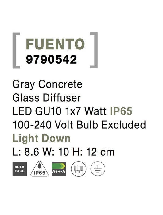 FUENTO Gray Concrete Glass Diffuser LED GU10 1x7 Watt IP65 100-240 Volt Bulb Excluded
Light Down L: 8.6 W: 10 H: 12 cm