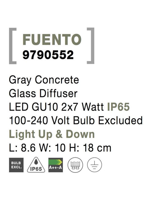FUENTO Gray Concrete Glass Diffuser LED GU10 2x7 Watt IP65 100-240 Volt Bulb Excluded
Light Up & Down L: 8.6 W: 10 H: 18 cm