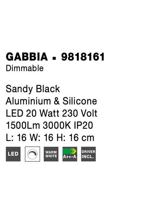 GABBIA Sandy Black Aluminium & Silicone LED 20 Watt 230 Volt 1500Lm 3000K IP20 L: 16 W: 16 H: 16 cm Dimmable