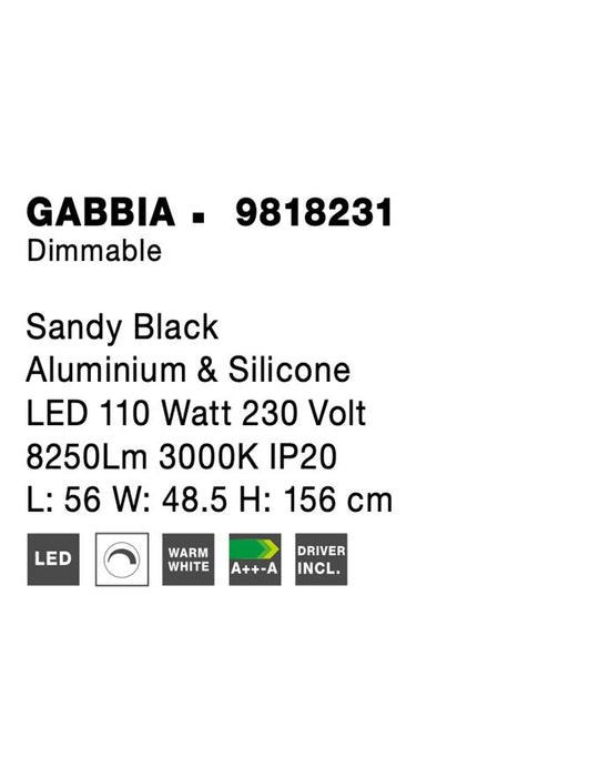 GABBIA Sandy Black Aluminium & Silicone LED 110 Watt 230 Volt 8250Lm 3000K IP20 L: 56 W: 48.5 H: 156 cm Dimmable