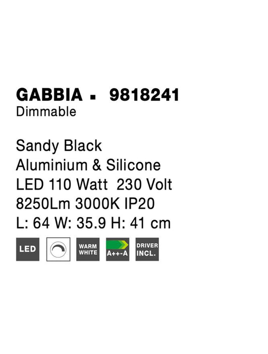 GABBIA Sandy Black Aluminium & Silicone LED 110 Watt 230 Volt 8250Lm 3000K IP20 L: 64 W: 35.9 H: 41 cm Dimmable