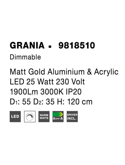 GRANIA Dimmable Matt Gold Aluminium & Acrylic LED 25 Watt 230 Volt 1900Lm 3000K IP20 D1: 55 D2: 35 H: 120 cm